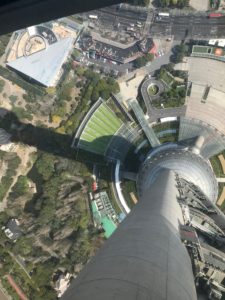 view straight down from transparant observation deck in the Oriental Pearl Tower