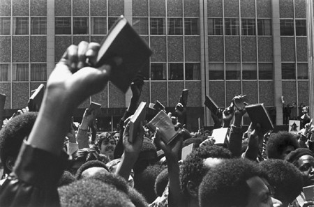 Black Panthers hold up Mao's "Little Red Book" at a rally.
