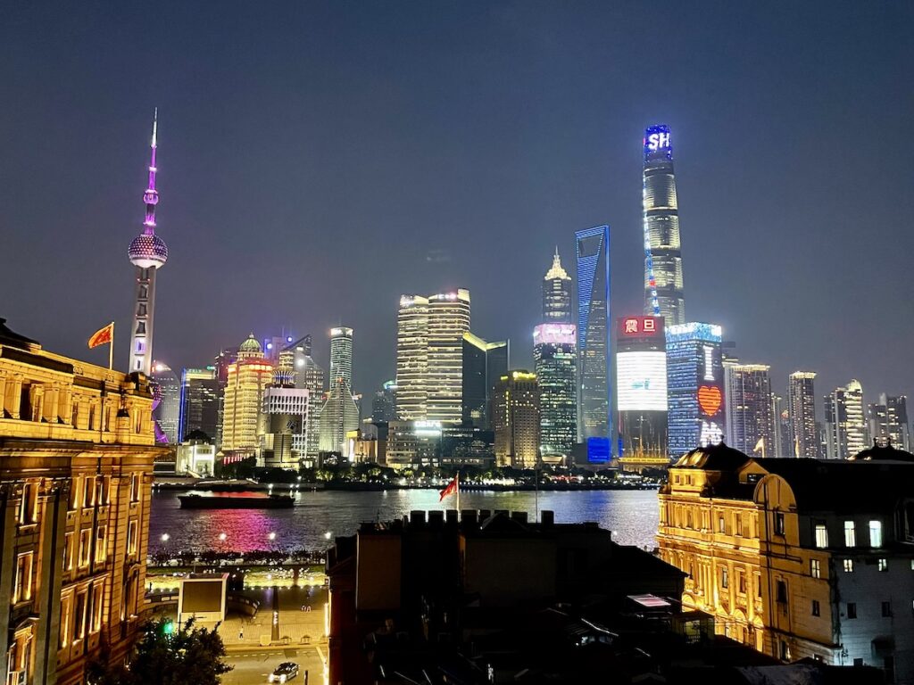 The view from the Bund of Shanghai's skyline lit up at night. the Bund is one of Shanghai's must-see attractions.