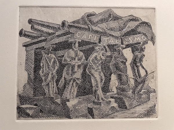 Wood cut print of workers holding up capitalismo