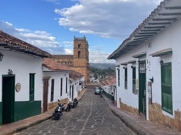 The main street and cathedral in Barichara, Colombia