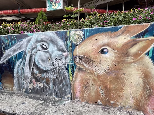 Graffiti showing two rabbits about to kiss.