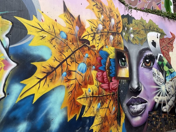 Graffiti in Comuna 13, leaves near a woman's face and a hand rolling dice