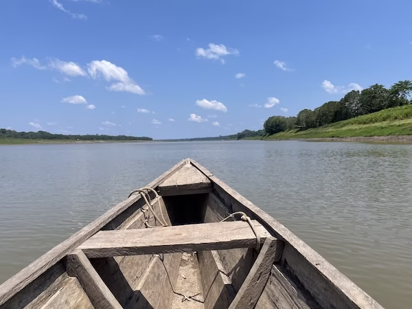 The prow of a canoe on the Amazon River.