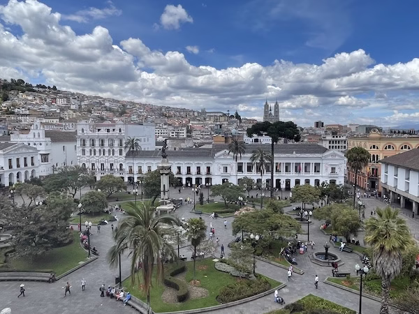 A view of the palm lined Plaza Grande in central Quito