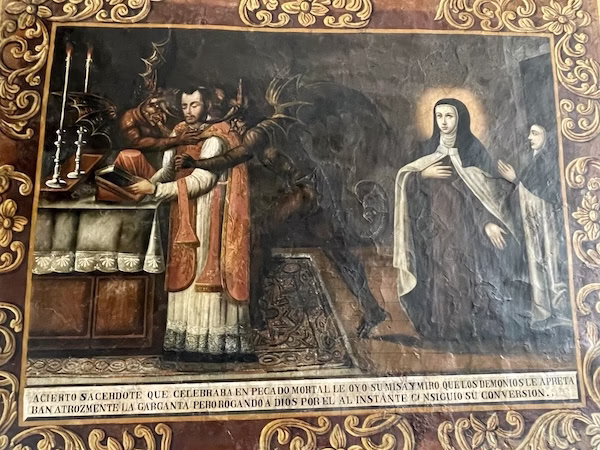 A Spanish colonial painting of a nun watching while devils hug a priest.