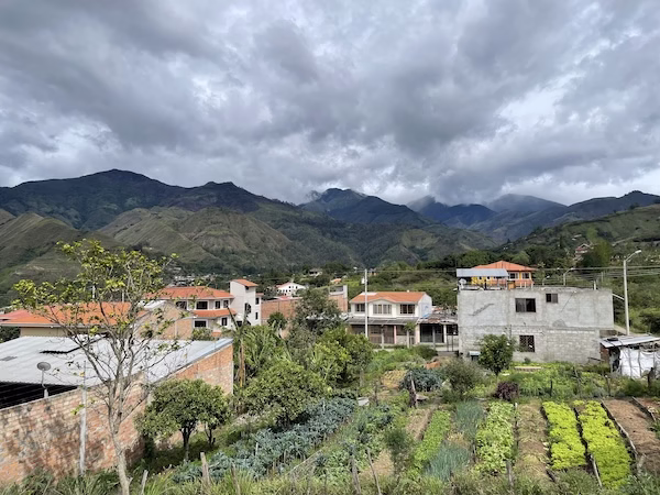 Houses and gardens in front of the green hills of Vilcabamba, Ecuador