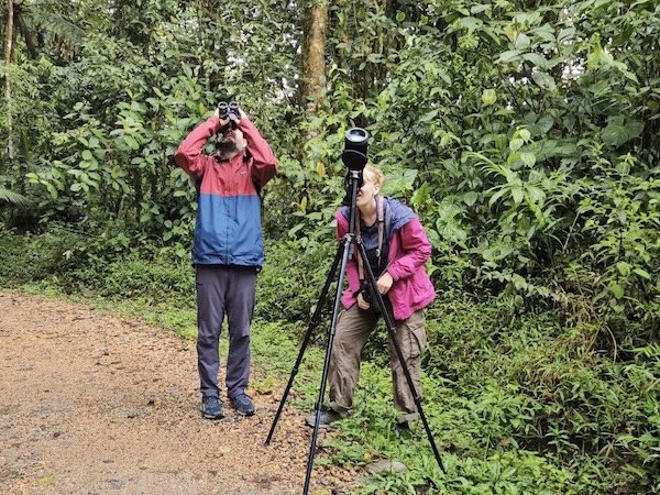 Two handsome tourists look through binoculars and a telescope on a birdwatching tour in Mindo, Ecuador