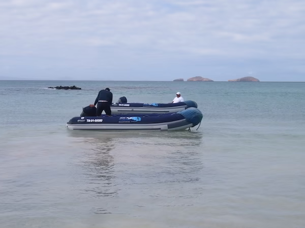 An inflatable raft used for disembarking for excursions on a budget Galapagos cruise.