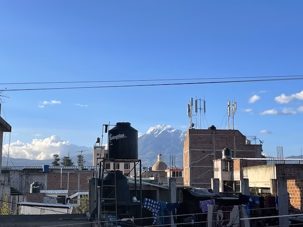 The skyline of Riobamba with Chimborazo Volcano in the background