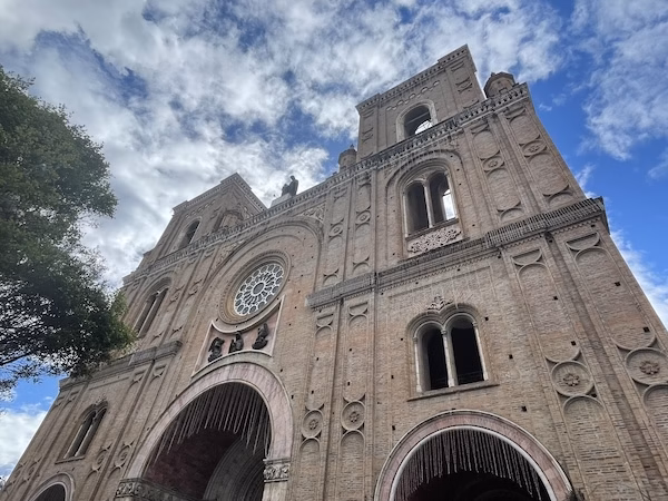 The facade of a Spanish church in Cuenca, Ecuador
