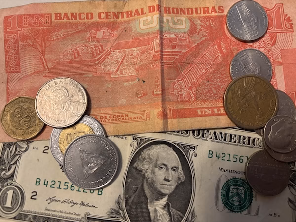 various coins and bills. money. dinero.