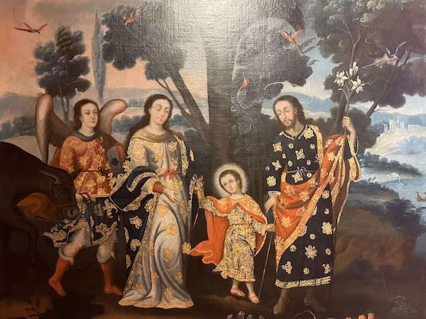 A depiction of Jesus walking with a child, a woman and an angel in a Colonial era painting
