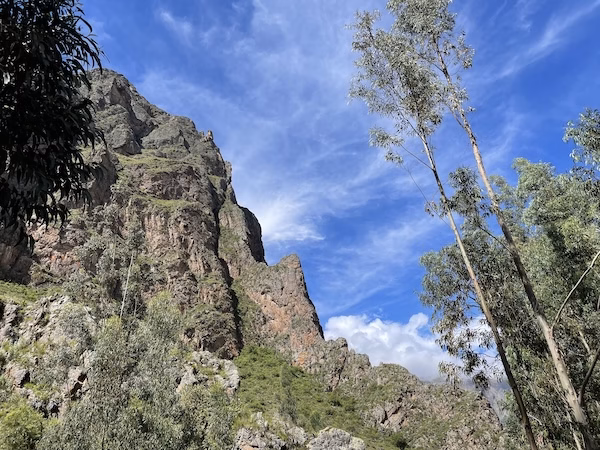 Massive red rock cliffs overlooking pine trees just outside of Ollantaytambo, Peru