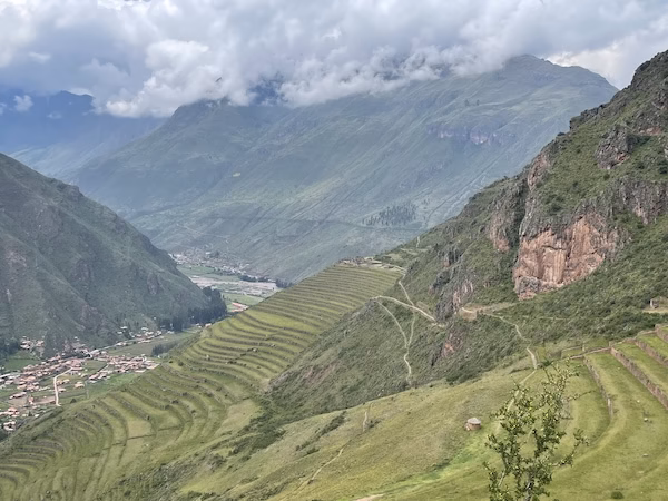 Terraced farms on a mountainside in Pisac, Peru