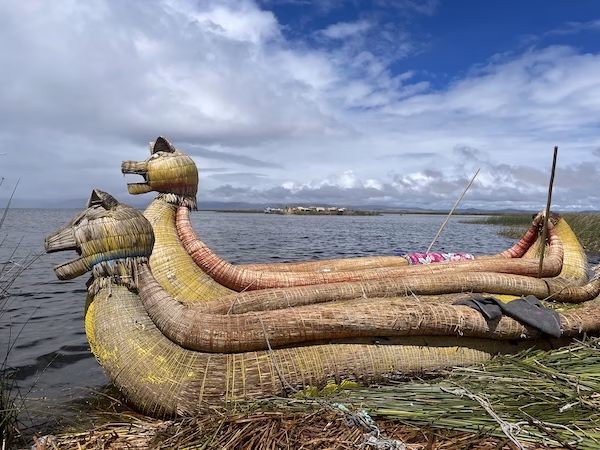 Reed boats with heads shaped like cats on the Uros islands
